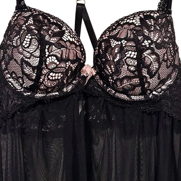 Daisy Fuentes Babydoll Lace Sheer Lingerie Black & Pink Padded Push Up Bra NWOT - Picture 2 of 11